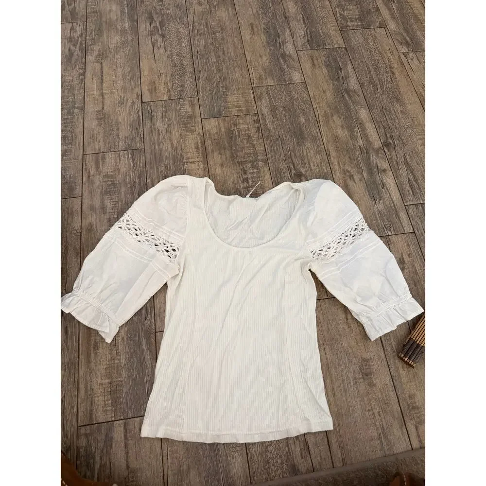 Free People Something Special Tee Size S Ivory Stretch Floral Lace Puff Sleeve